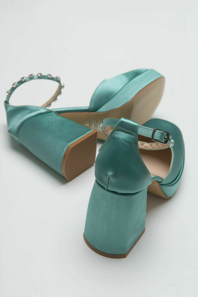 Kadın Kalın Topuk Bilek Bağlamalı Taşlı Ayakkabı YESIL SATEN UNL222316 resmi