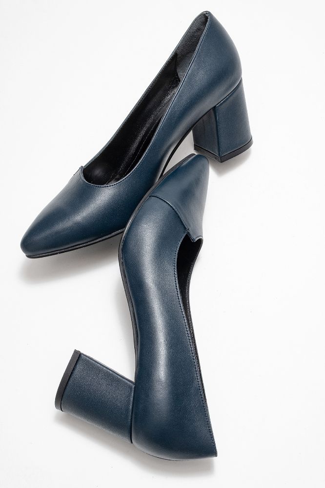 Kadın Deri Kalın Topuklu Ayakkabı LACIVERT PYZ866 resmi