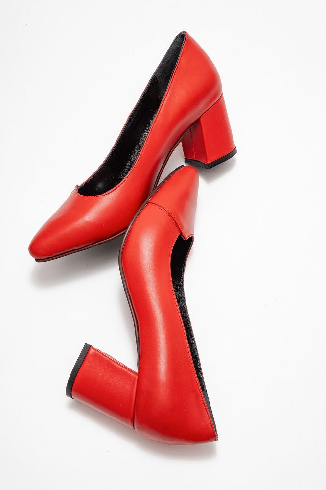 Kadın Deri Kalın Topuklu Ayakkabı KIRMIZI PYZ866 resmi