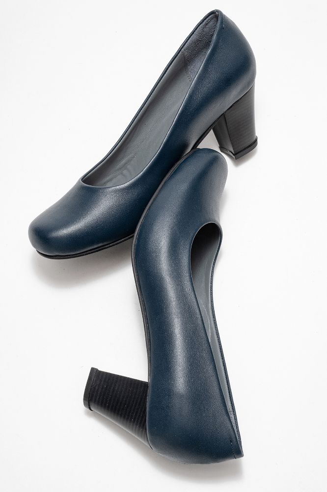Kadın Deri Kalın Topuklu Ayakkabı LACIVERT PYZ5116 resmi