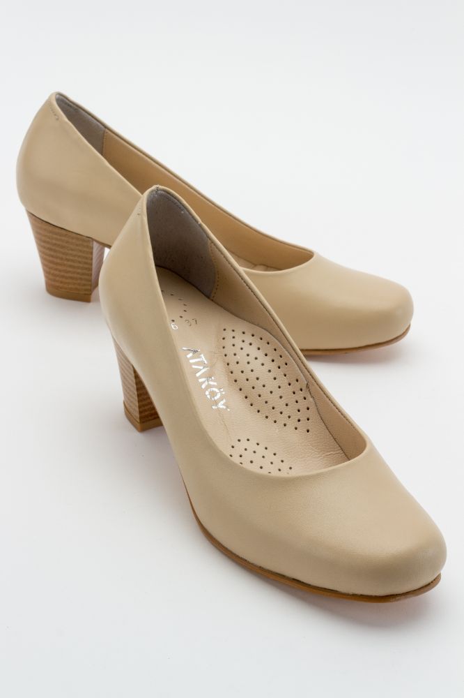 Kadın Deri Kalın Topuklu Ayakkabı BEJ PYZ5116 resmi
