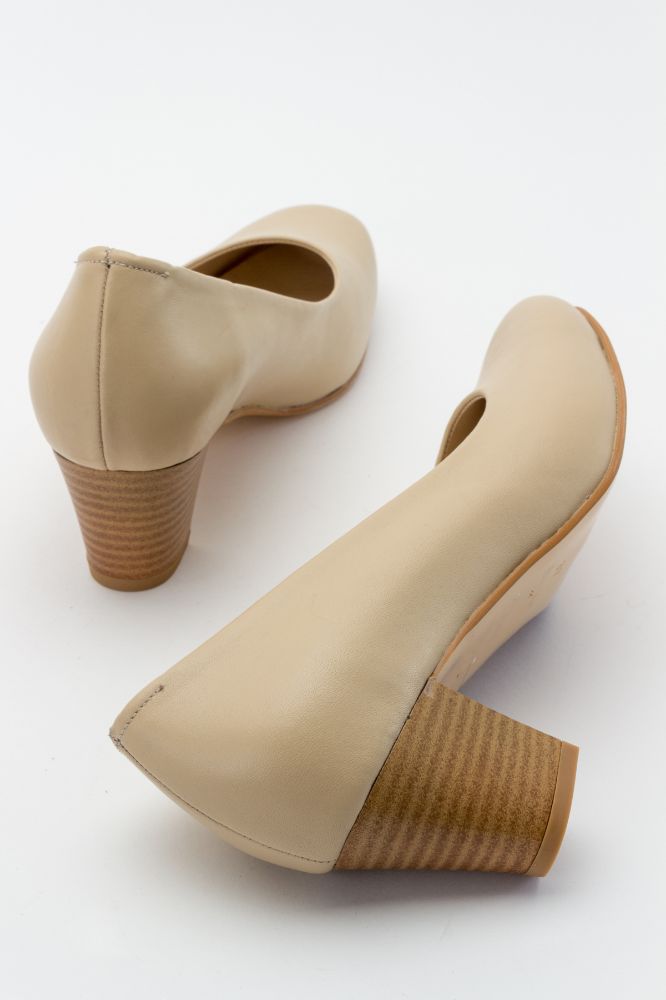 Kadın Deri Kalın Topuklu Ayakkabı BEJ PYZ5116 resmi