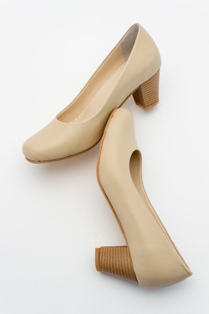 Kadın Deri Kalın Topuklu Ayakkabı BEJ PYZ5116 resmi