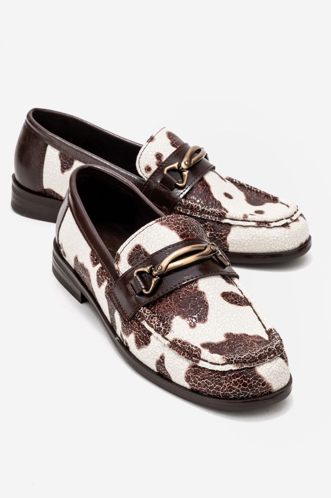 Kadın Baskılı Aksesuar Detaylı Loafer KAHVE BEYAZ BASKI YKL015 resmi