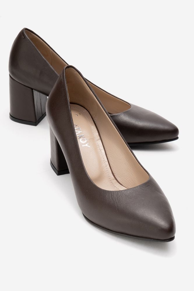 Kadın Deri Kalın Topuklu Ayakkabı KAHVE PYZ0225 resmi