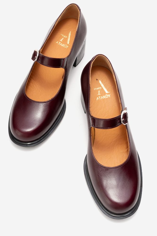 Kadın Deri Kalın Topuklu Bantlı Ayakkabı BORDO PNC1529 resmi