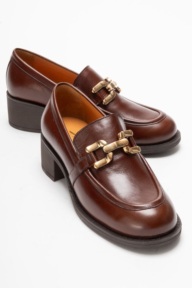 Kadın Deri Kalın Topuklu Tokalı Ayakkabı TABA PNC1491 resmi