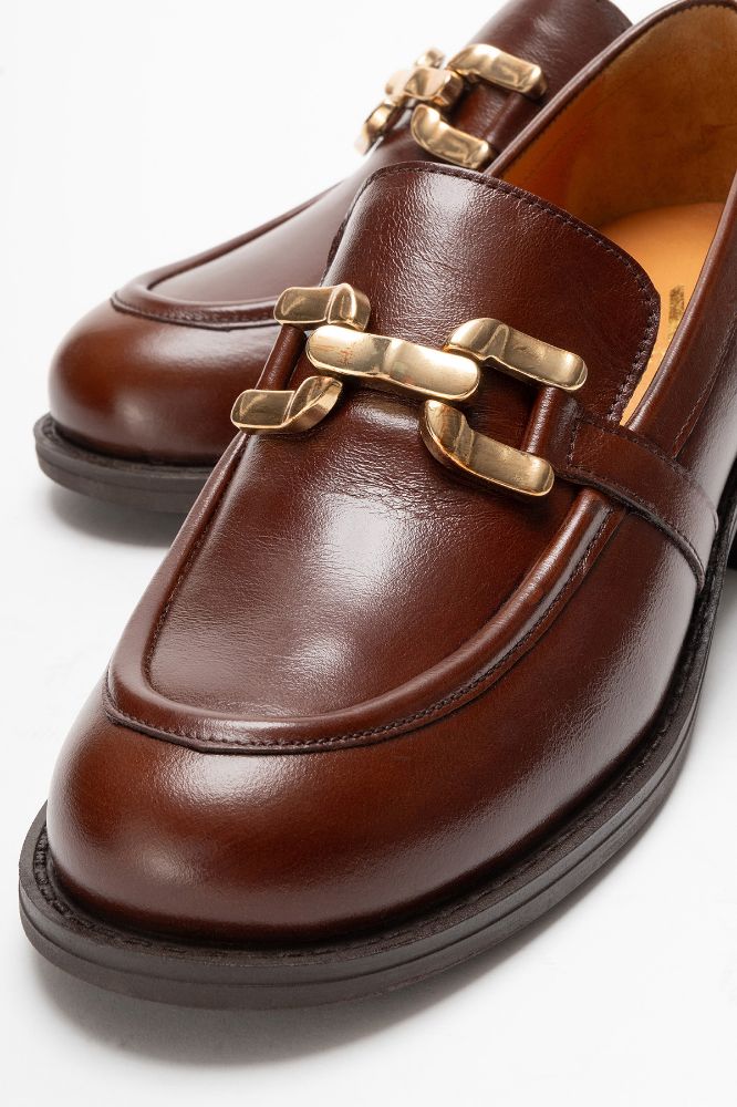 Kadın Deri Kalın Topuklu Tokalı Ayakkabı TABA PNC1491 resmi