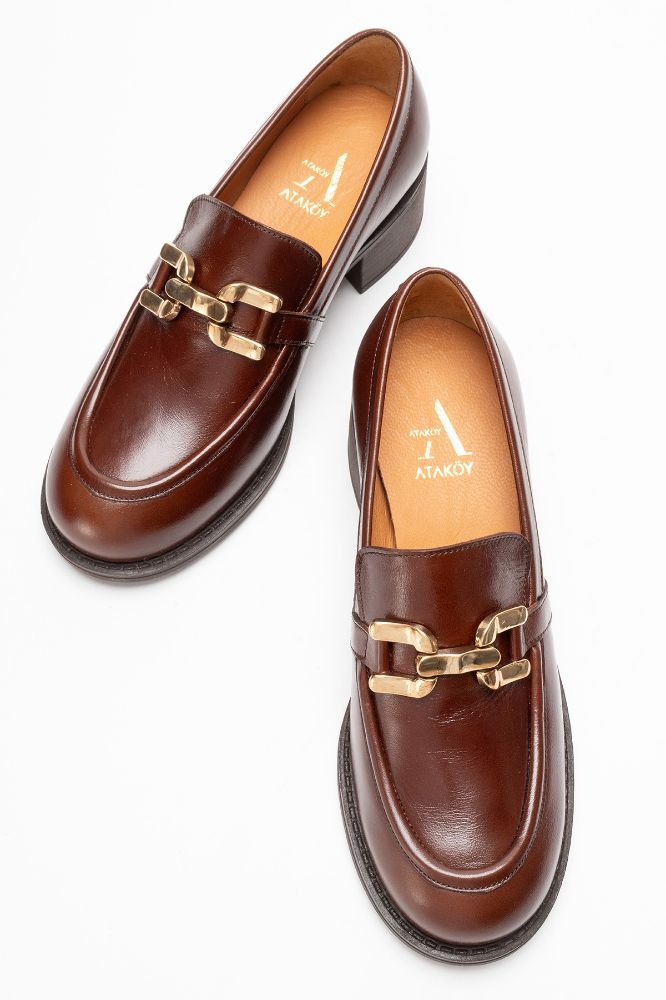 Kadın Deri Kalın Topuklu Tokalı Ayakkabı TABA PNC1491 resmi