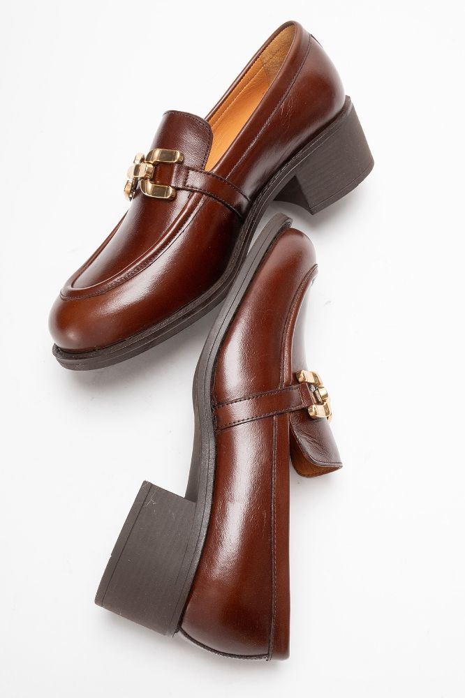 Kadın Deri Kalın Topuklu Tokalı Ayakkabı TABA PNC1491 resmi