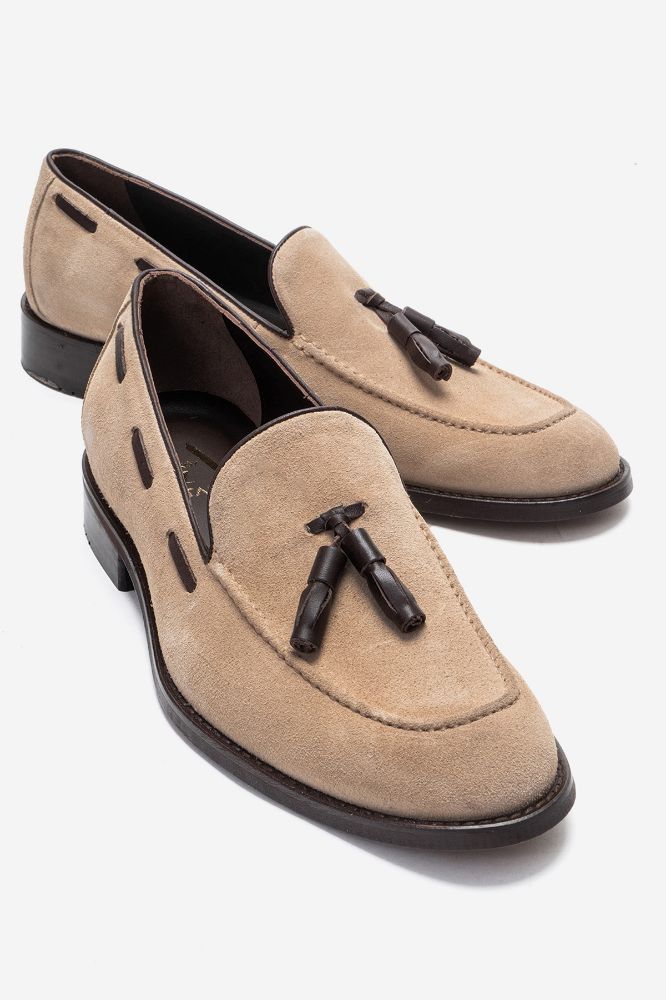 Erkek Deri Püsküllü Ayakkabı BEJ SUET GLR7541 resmi